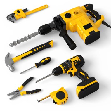 Beyaz arka planda onarım ve kurulum için sarı inşaat araçlarının uçuş görüntüsü. Tesisatçı ya da tamirci için 3D tasvir ve hizmet afişi