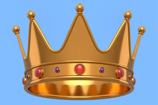 Coroa Rei Real Ouro Com Jóias Isoladas Fundo Azul Renderização — Fotografia de Stock
