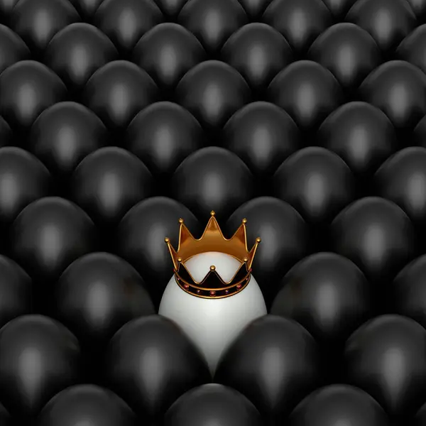 农业黑鸡蛋和独特的白色蛋在金王冠白色背景 复活节概念或黑色星期五的3D渲染 财富和皇权 — 图库照片