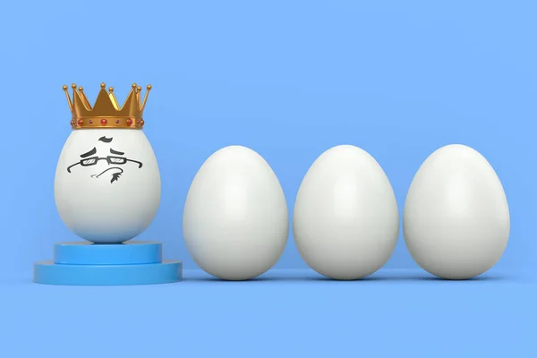 Группа Белых Яиц Уникальное Яйцо Выражениями Лица Золотой Короной Голубом — стоковое фото