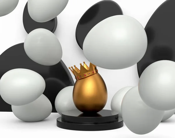 Unique gold egg in royal gold crown on podium and scattered white eggs on white background. 3d render of Easter concept or Black Friday, luxury, wealth and imperial power