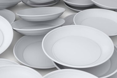 Heap of disposable utensils like plate on white background. 3d render concept of save the earth and zero waste