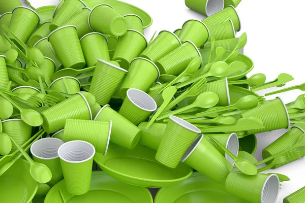 Heap of disposable utensils like plate, folk, spoon,knife and cup on white background. 3d render concept of save the earth and zero waste