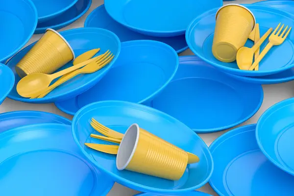 Heap Disposable Utensils Plate Folk Spoon Knife Cup White Background — Stock Fotó