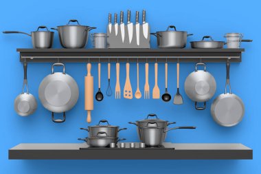 Mutfak gereçleri, güveç tenceresi, kızartma tavası ve krom tencereler rafta asılı ve elektrik veya gaz ocağı fırınında mavi arka planda yanan alevler. 3D yemek hazırlama ve kaynatma