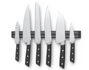 Mutfak bıçakları ve mutfak aletleri beyaz arka planda rafta asılı duruyor. Aşçılık, harmanlama ve karıştırma için 3D pişirme süreci adım adım ve aksesuarları