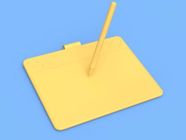 Ressamlar, tasarımcılar ve fotoğrafçılar için mavi monokrom arka planda izole edilmiş grafik tablet ve kalemin üst görünümü. 3d hazırlayıcı