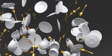 Birçok uçan seramik kahve fincanı espresso, mocha, latte, kakao, çay kaşığı ve siyah arka planda tabaklar için. Geri dönüşüm ambalajı ve çöreğinde 3D konsept paket ve içecek.