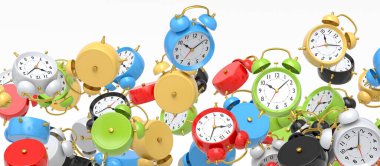 Beyaz arka planda bir sürü uçan çalar saat var. 3D canlandırma konsepti sabah uyanma ve acele et, çevrimiçi alışveriş için satış tanıtım süresi