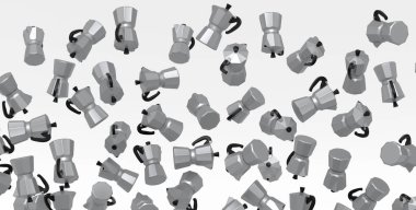 Birçok uçan İtalyan gayzer kahve makinası beyaz arka planda la moka yapıyor. Espresso yapmak için 3D kahve demliği.