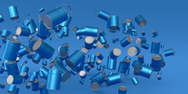 Mavi arka planda bir sürü uçan metal kutu ya da kova var. 3D yenileme konsepti ve iç tasarım