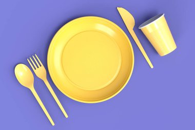 Tek renk arka planda tabak, kaşık, bıçak ve bardak gibi tek kullanımlık aletler. 3D dünyayı kurtarma ve sıfır atık kavramı