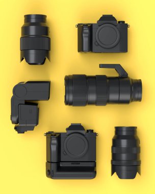 Var olmayan DSLR kamera, lens ve sarı arka planda hız lambası gibi monokrom tasarımlı çalışma alanı ve teçhizatın üst görüntüsü. İllüstratör ve fotoğrafçılık araçları için 3d aksesuar hazırlayıcı