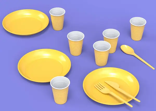 単色の背景に皿 フォーク スプーン ナイフ カップなどの使い捨て器具のセット 3Dレンダリングの概念は 地球とゼロ廃棄物を保存します — ストック写真