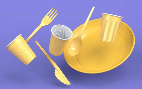 一套一次性器皿 如盘子 刀和杯子 背景为单色 3D使拯救地球和零废物的概念 — 图库照片