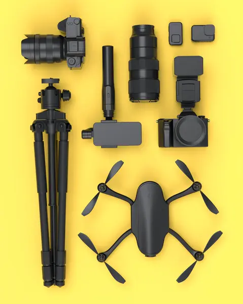 Top view of monochrome designer workspace and gear like nonexistent DSLR camera, mobile phone, drone and action camera on selfie stick on yellow background. 3d render of accessories for live streaming