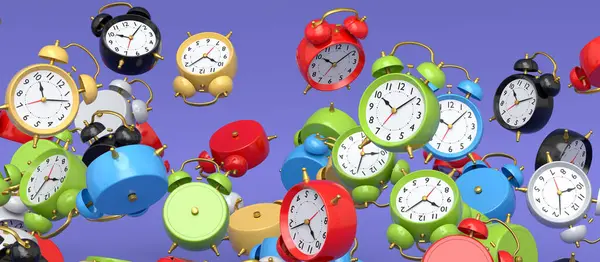 紫色背景下成堆的飞行闹钟 第三部分提出了早睡早起的概念 加快了网上购物的促销时间 — 图库照片