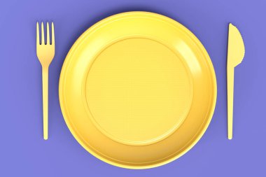 Tek kullanımlık tabak, kaşık, tek renk arka planda bıçak gibi tek kullanımlık aletler. 3D dünyayı kurtarma ve sıfır atık kavramı