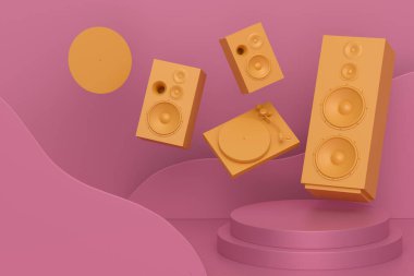 Hi-fi hoparlörlü soyut sahne ya da podyum ve tek renkli plaklı DJ turntable. Sahnede veya kaidede vinil kayıt oynatıcının ürün sunumu için 3d görüntü oluşturma