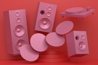 Hi-fi hoparlörlü soyut sahne ya da podyum ve tek renkli plaklı DJ turntable. Sahnede veya kaidede vinil kayıt oynatıcının ürün sunumu için 3d görüntü oluşturma