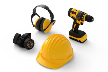 Beyaz arka planda onarım ve kurulum için sarı inşaat araçlarının uçuş görüntüsü. Tesisatçı ya da tamirci için 3D tasvir ve hizmet afişi