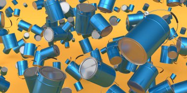 Sarı arka planda bir sürü uçan metal kutu ya da kova var. 3D yenileme konsepti ve iç tasarım