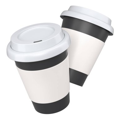 Kapuçino, americano, espresso, mocha, latte ve beyaz arka planda kakao için kapaklı kağıt kahve fincanları. Geri dönüşüm ambalajında 3D konsept paket yiyecek ve içecek hazırlama