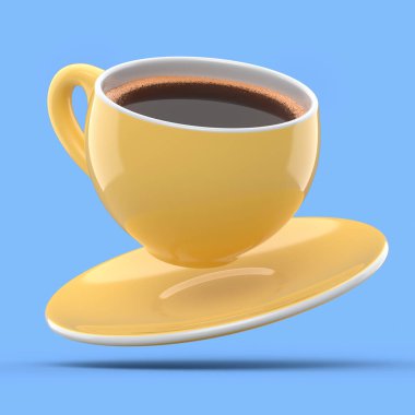 Ceramic coffee cup with foam for cappuccino, americano, espresso, mocha, latte, cocoa on blue background. 3d render of concept takeaway food and drink in recycling packaging and donut