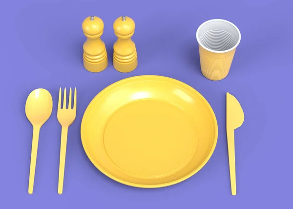 Комплект Одноразовой Посуды Тарелка Народная Ложка Нож Чашка Перец Соль — стоковое фото