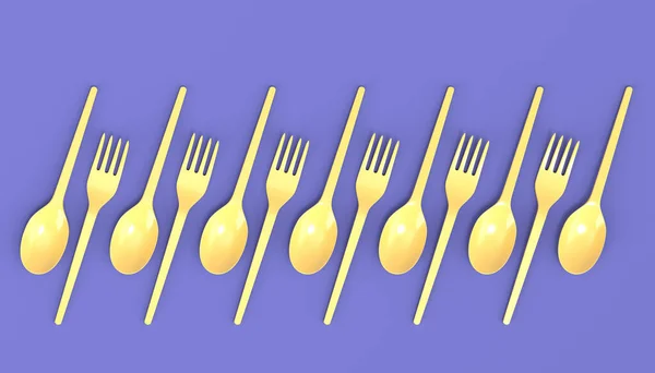 Set of disposable utensils like spoon, fork and knife on monochrome background. 3d render concept of save the earth and zero waste