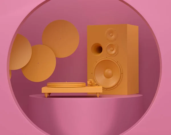 Abstract scene or podium with Hi-fi speakers and DJ turntable with vinyl LP record on monochrome background. 3d render of scene for product presentation of vinyl record player on stage or pedestal
