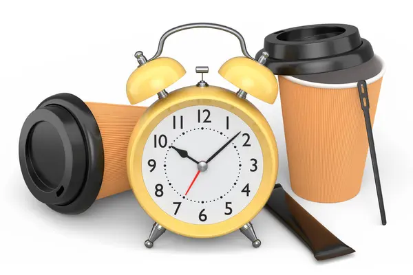 Vintage Alarm Clock Paper Coffee Cup White Background Render Concept —  Fotos de Stock