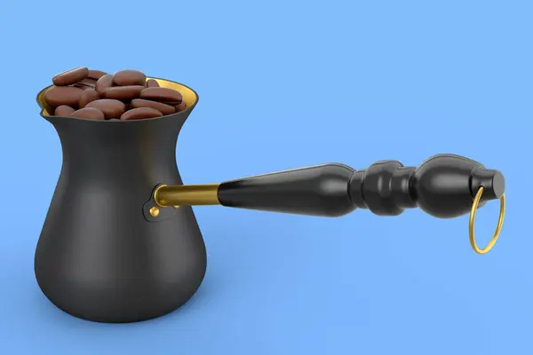 Turkish coffee cooked in sand or maker cezve with coffee bean on blue background. 3d render of coffee pot for making espresso coffee