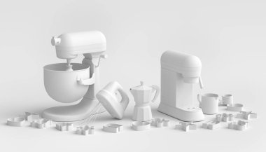 Beyaz arka planda hamur hazırlamak için mutfak gereçleriyle karıştırıcı ve metal kase. Aşçılık, harmanlama ve karıştırma için 3D pişirme süreci adım adım ve aksesuarları