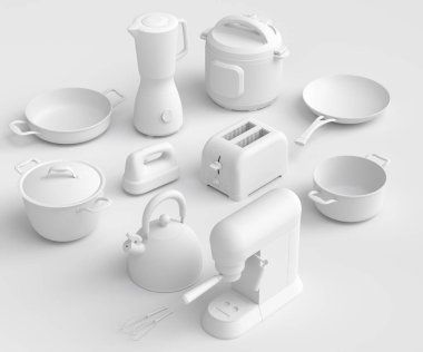 Tek renkli arka planda kahvaltı hazırlamak için elektrikli mutfak aletleri ve aletleri. Pişirme, pişirme, karıştırma ve kırbaçlama için 3D mutfak gereçleri