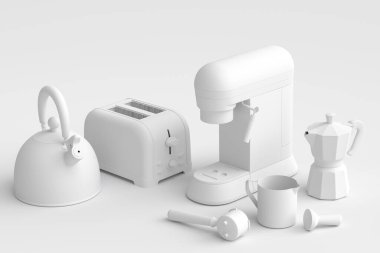 Tek renkli arka planda kahvaltı hazırlamak için elektrikli mutfak aletleri ve aletleri. Pişirme, pişirme, karıştırma ve kırbaçlama için 3D mutfak gereçleri