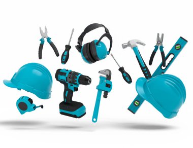 Beyaz arka planda onarım ve kurulum için yeşil inşaat araçlarının uçuş görüntüsü. Tesisatçı ya da tamirci için 3D tasvir ve hizmet afişi