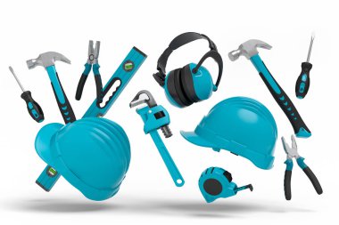 Beyaz arka planda onarım ve kurulum için yeşil inşaat araçlarının uçuş görüntüsü. Tesisatçı ya da tamirci için 3D tasvir ve hizmet afişi