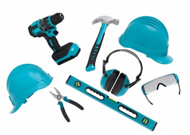 Beyaz arka planda onarım ve kurulum için yeşil inşaat araçlarının uçuş görüntüsü. Tesisatçı ya da tamirci için 3D tasvir ve hizmet afişi