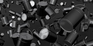 Siyah arka planda uçan metal teneke ya da kovaların çoğu. 3D yenileme konsepti ve iç tasarım