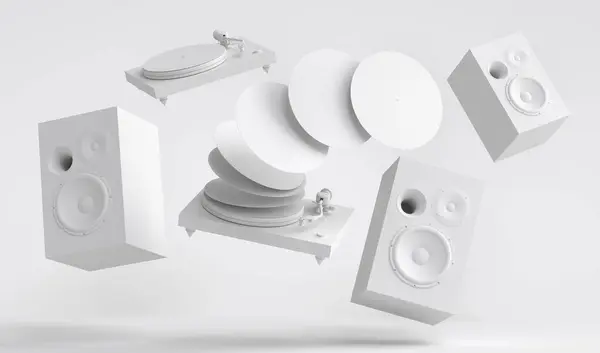 一套带扩音器的高保真扬声器和单色背景Dj转盘 3D渲染音频设备 如音箱和用于录音工作室的乙烯唱机 — 图库照片
