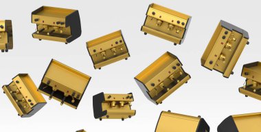 Birçok uçan profesyonel espresso kahve makinesi beyaz arka planda. Cappuccino, americano, espresso, mocha, latte yapmak için 3D kahve demliği.