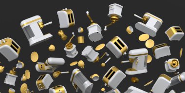 Kornalı, fincanlı, gayzer kahve makineli ve siyah arka planda öğütücülü uçan espresso kahve makinesi. Cappuccino, americano, espresso, mocha, latte yapmak için 3D kahve demliği.