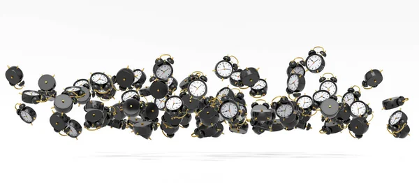 Many Flying Alarm Clock White Background Render Concept Wake Time — Stock Photo, Image
