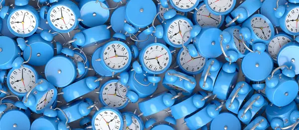 Pile Flying Alarm Clock Blue Background Render Concept Wake Time — Stock Photo, Image