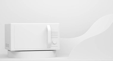 Monokrom zemin üzerinde mikrodalga olan soyut sahne ya da podyum. Ürün sunumu için 3d görüntü oluşturma veya mutfak aletleri ürününü sahnede, kaidede veya platformda göstermek