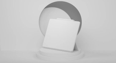Monokrom arka planda klavyeli bilgisayar tabletli soyut sahne ya da podyum. Ürün sunumu için sahne hazırlama 3d Kişisel aksesuar ürünü sahnede, kaidede veya platformda