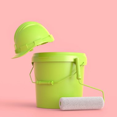 Set of safety helmet, bucket with paint rollers and brushes for painting walls on monochrome background. 3d render of renovation apartment concept and interior design