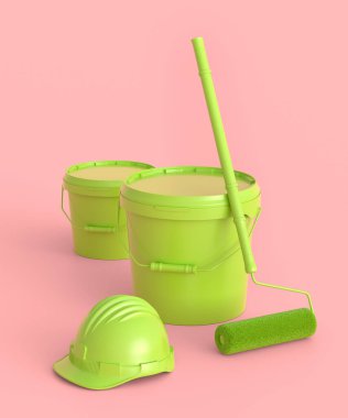 Set of safety helmet, bucket with paint rollers and brushes for painting walls on monochrome background. 3d render of renovation apartment concept and interior design