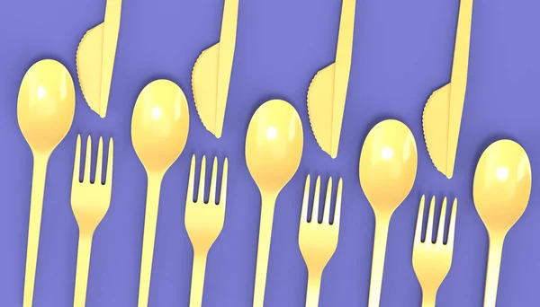 Set Disposable Utensils Spoon Fork Knife Monochrome Background Render Concept — Stock Photo, Image